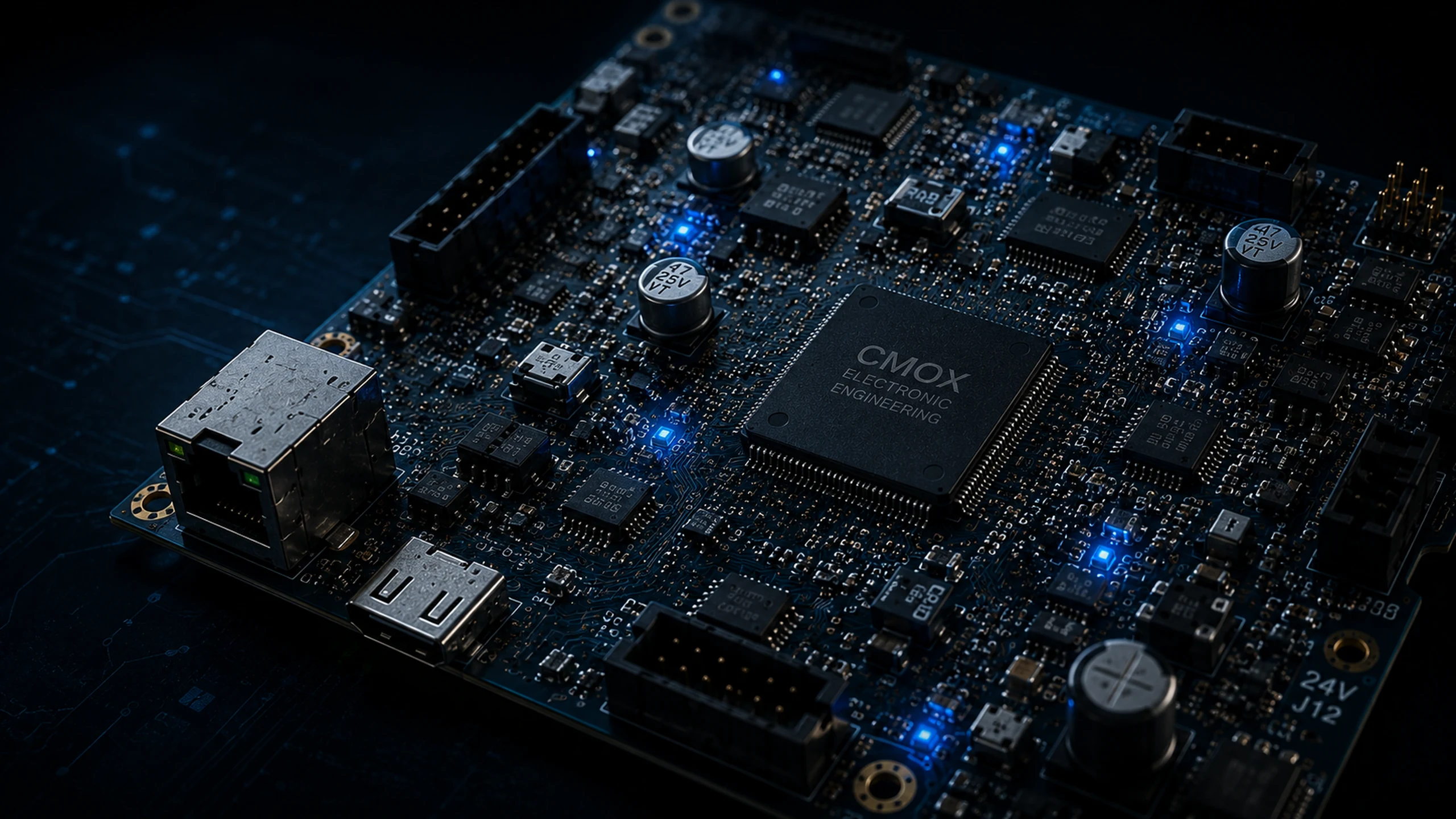 Macro de la misma placa con los LEDs azules encendidos