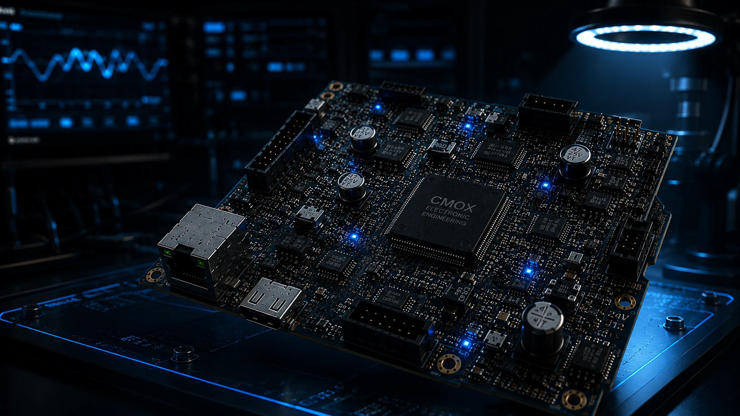 La placa reparada funcionando bajo un aro de luz, con un osciloscopio al fondo
